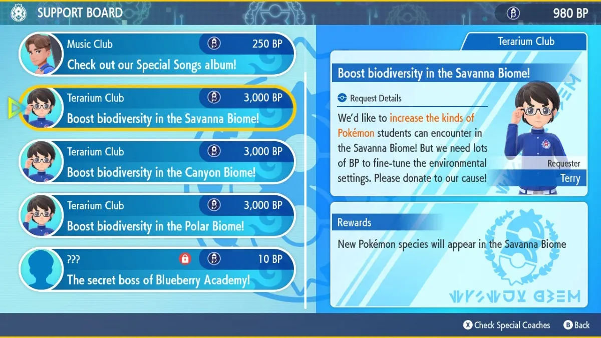 Captura de pantalla que muestra la pantalla de Donación de Clubes de Liga con una flecha que apunta a una de las Donaciones de Diversidad del Bioma en Pokémon Escarlata y Violeta.