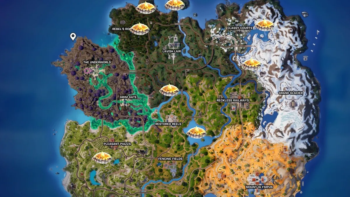 Campfire locations marked on the Fortnite map.