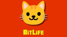 A cat emoji on an orange background with the BitLife logo beneath it.