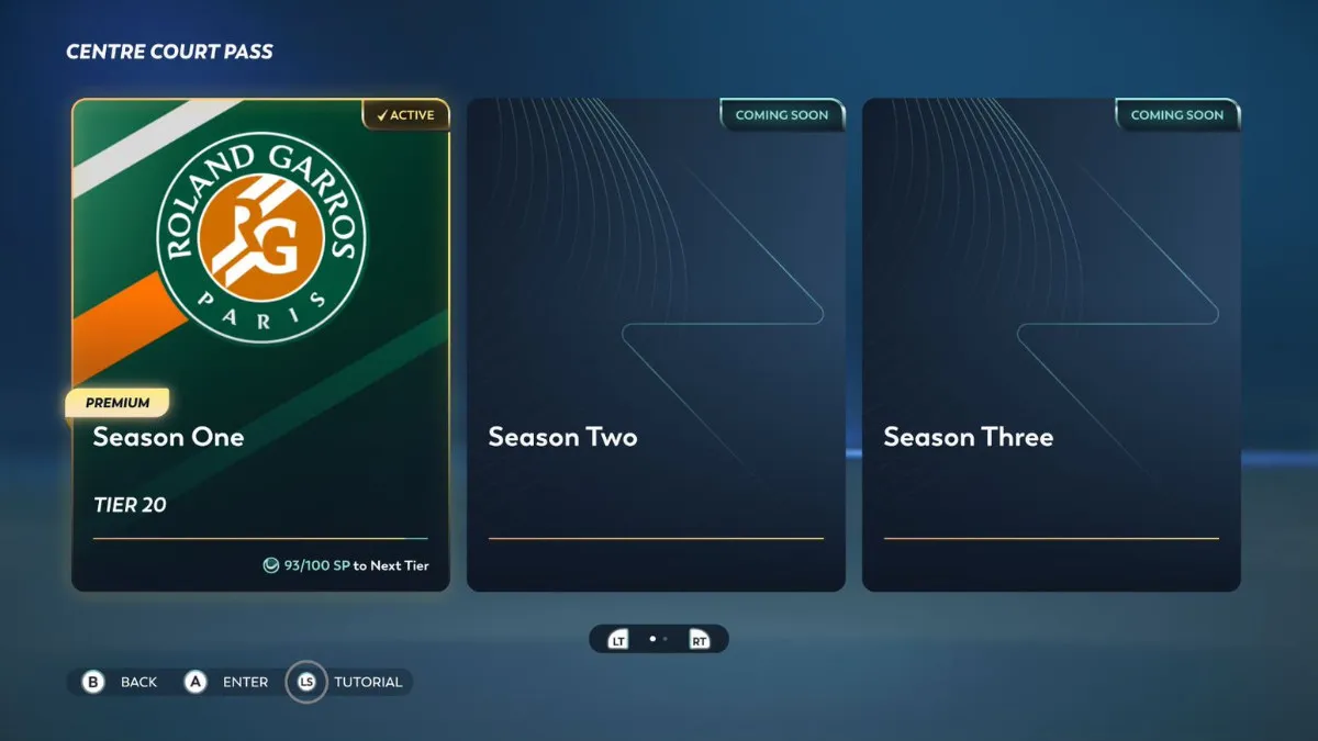 A look at the Centre Court Pass menu, with multiple seasons showing