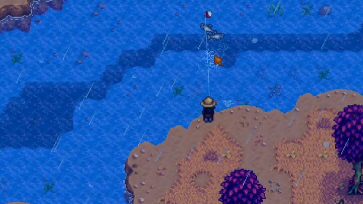 Screenshot from Stardew Valley showing a character fishing, with several fish jumping out of the water