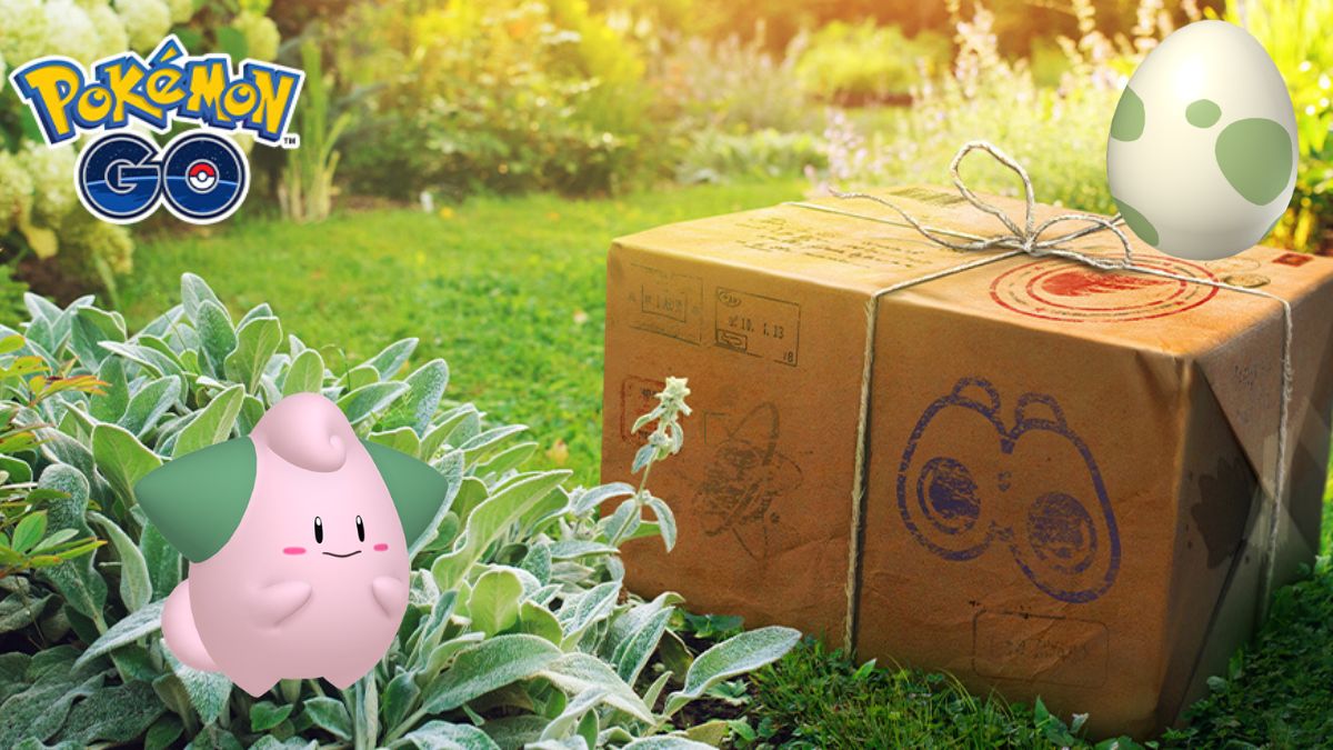 Photo of a field research package with a Pokemon egg on top, with a Shiny Cleffa nearby 
