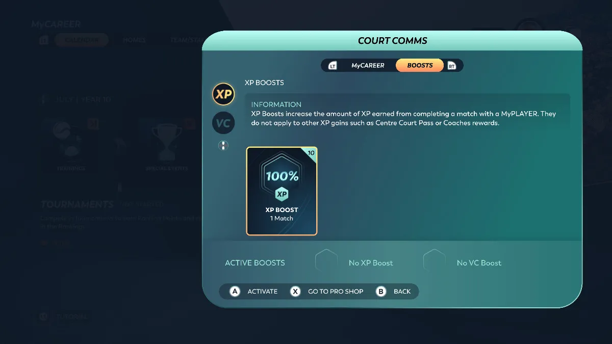 A look at the Court Comms menu, with the Boosts option selected in Top Spin 2K25