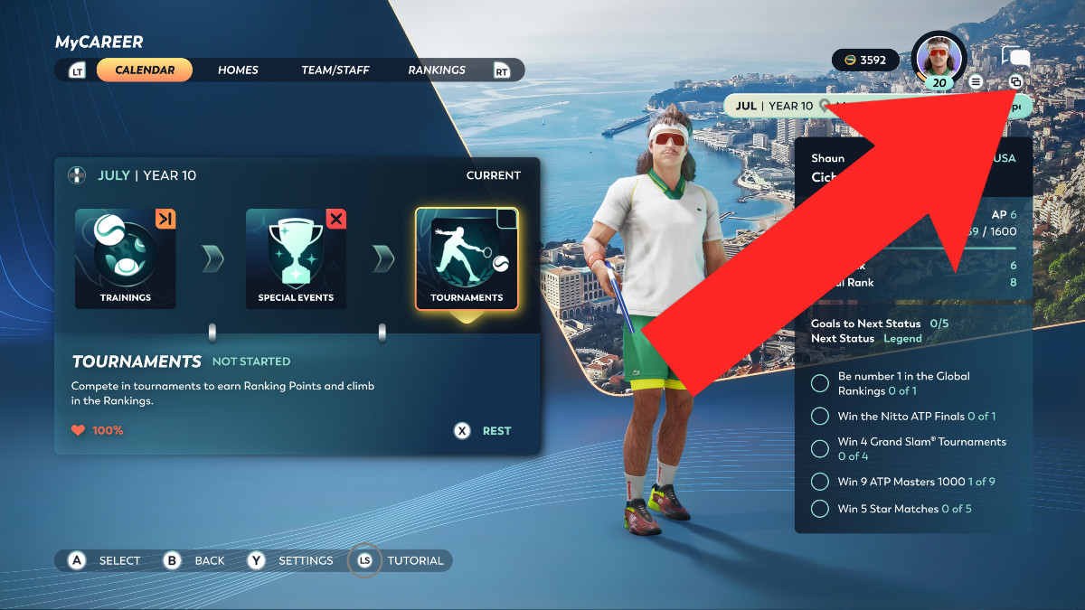 A look at the MyCareer Menu of Top Spin 2K25, with a red arrow pointing to the top right of the screen