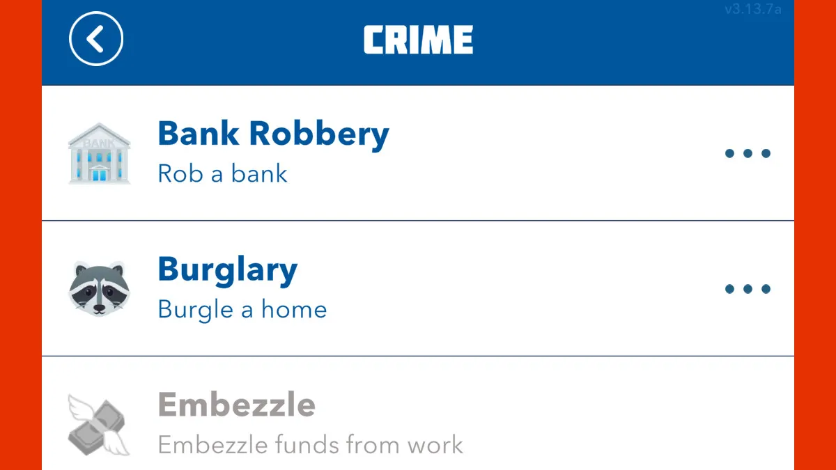 A menu containing all of the different crimes that players can commit in BitLife