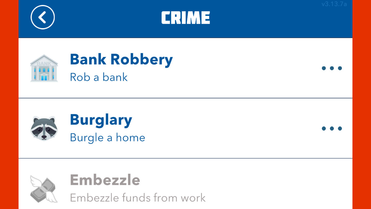 A menu containing all of the different crimes that players can commit in BitLife