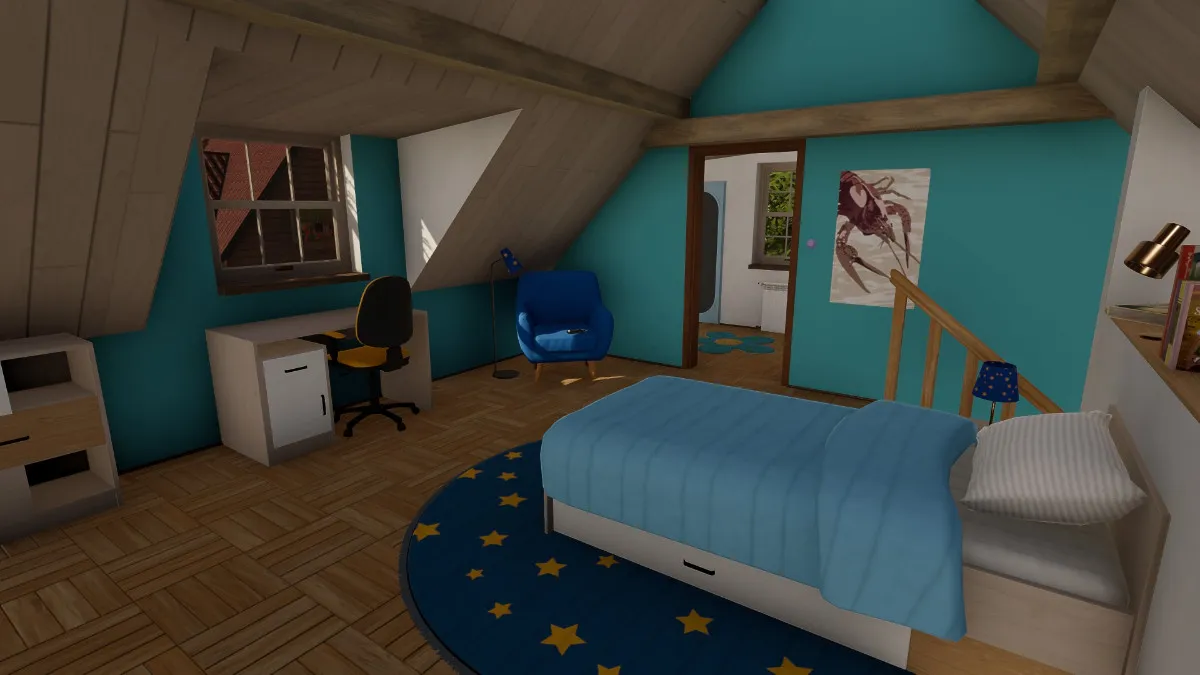 The interior of a customized home in House Flipper 2