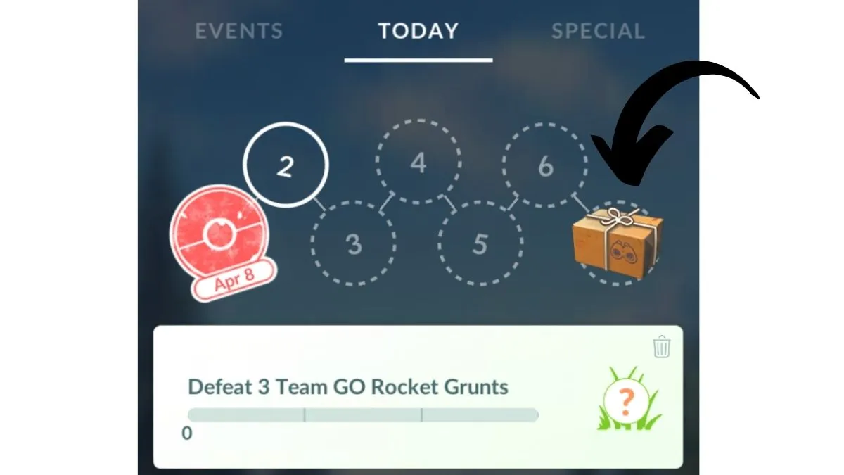Captura de pantalla de Pokémon GO que muestra la pestaña de investigación de Hoy con una flecha que apunta a la recompensa por avance en la investigación.