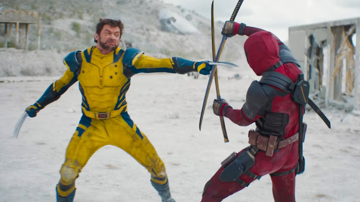 Deadpool blocks Wolverine's claws with his swords in Deadpool & Wolverine