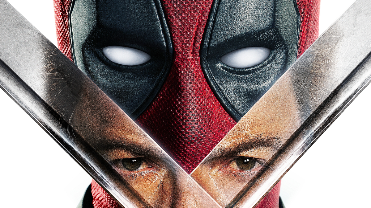 Cropped poster artwork for Deadpool & Wolverine featuring Wolverine's eyes reflected on Deadpool's swords