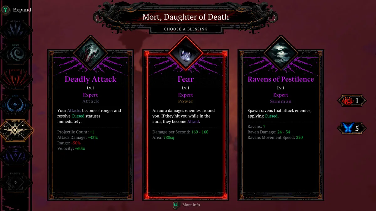 The blessing selection screen from Death Must Die, ready to banish one of them