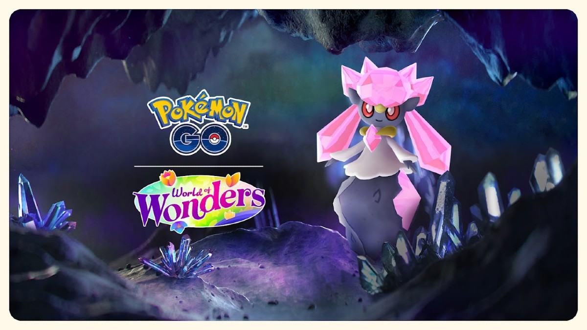 Image of the Mythical Pokemon Diancie in a crystal-filled cave, next to the Pokemon GO and World of Wonders logos