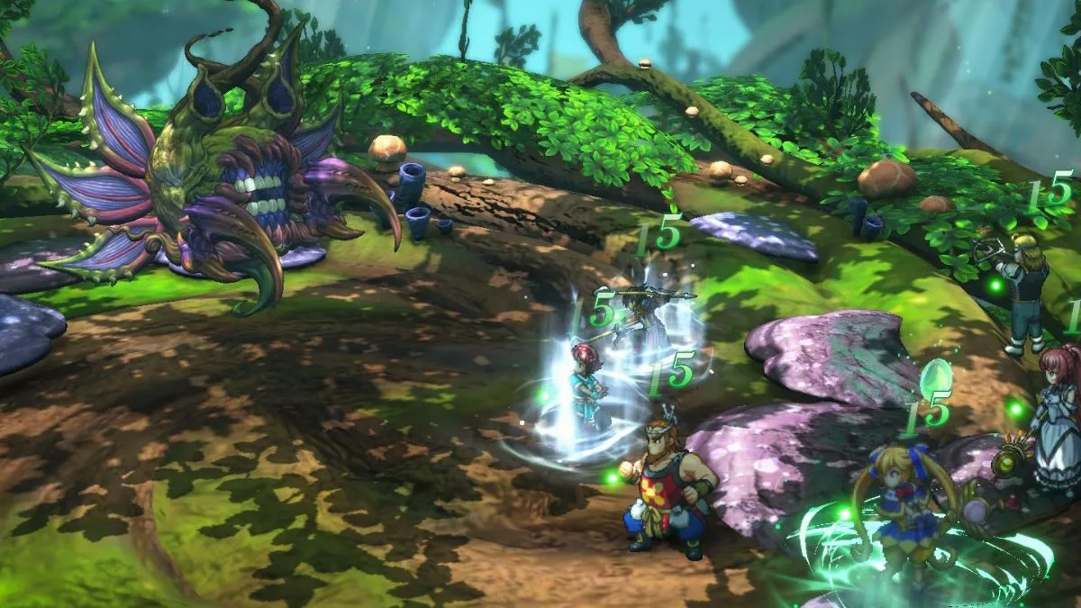 Screenshot of the Ancient Seed boss battle in Eiyuden Chronicle: Hundred Heroes.