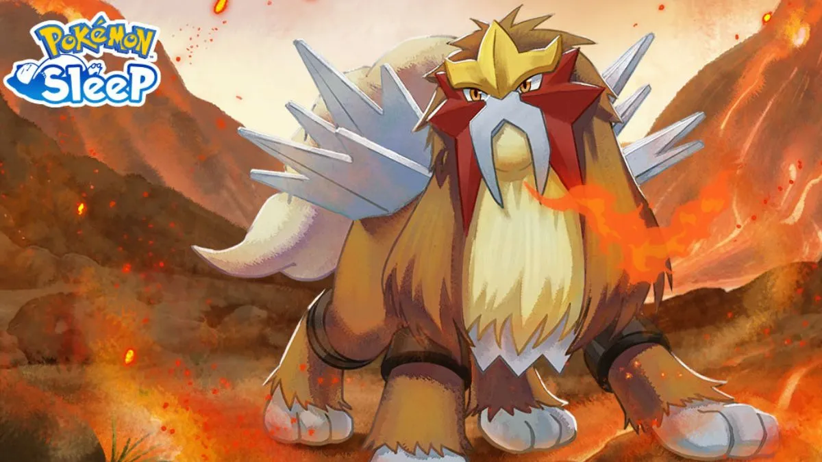 Image of Entei in front of a fiery background, with the Pokemon Sleep logo in the corner