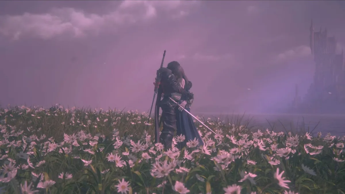 FF16 screenshot of Clive and Jill hugging in a field of snow daisies.