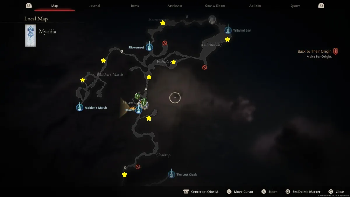 FF16 The Rising Tide screenshot of all eight aquamarine locations marked by a star on the Mysidia map