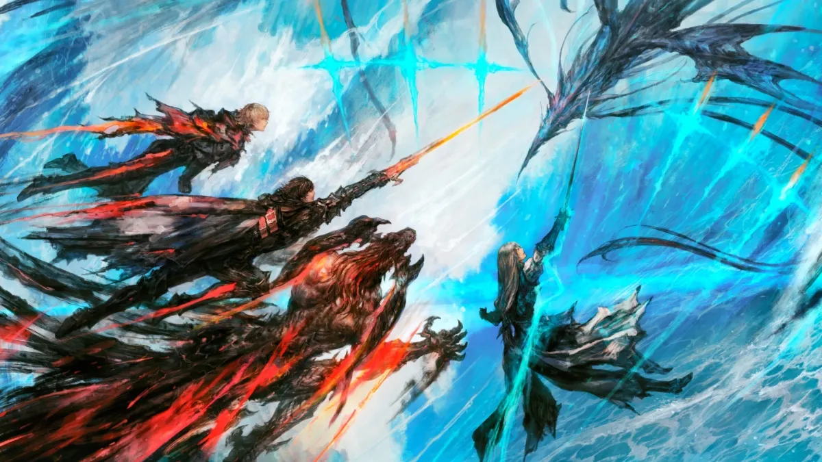 Painterly promo art showing Clive, Jill, and Joshua fighting Leviathan in Final Fantasy 16 The Rising Tide DLC