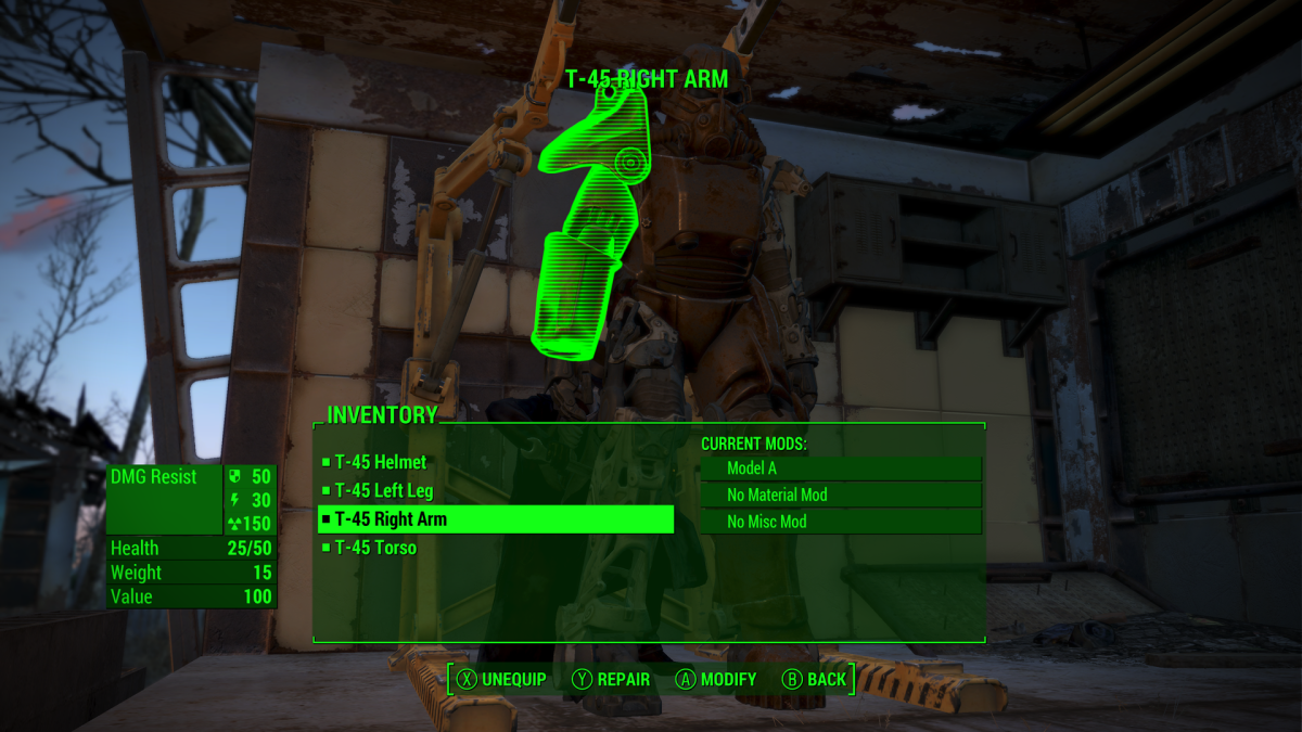 A suit of power armour being repaired in Fallout 4, with the right arm highlighted in glowing green. 