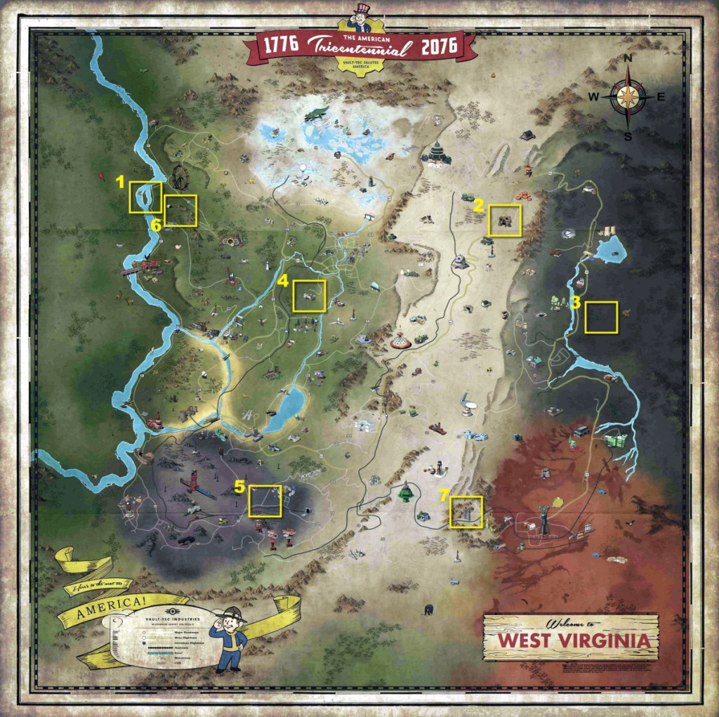 Расположение яиц Когтя Смерти, отмеченное на карте Fallout 76