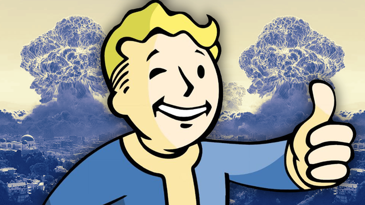 Vault Boy and nuclear explosion mushroom clouds from Fallout Season 1