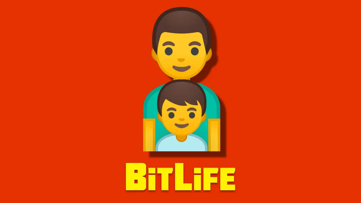 An emoji of a father and his child on an orange background with the BitLife logo beneath it.