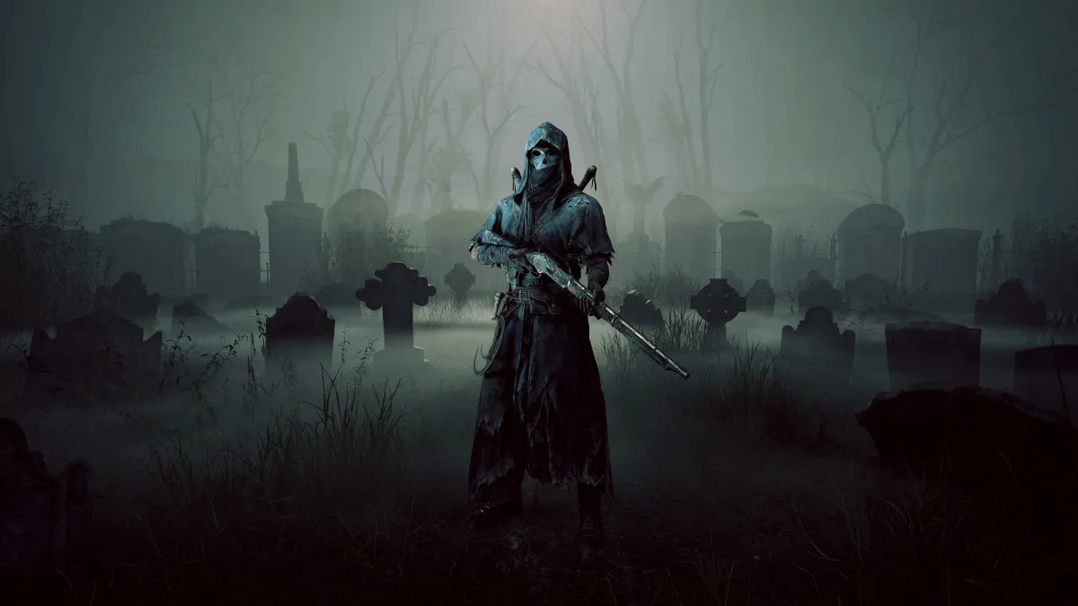The Reaper, a character from Hunt: Showdown, standing in a bog encased in fog.