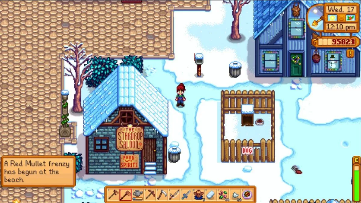 Screenshot of Stardew Valley with the message "A Red Mullet frenzy has begun on the beach." 