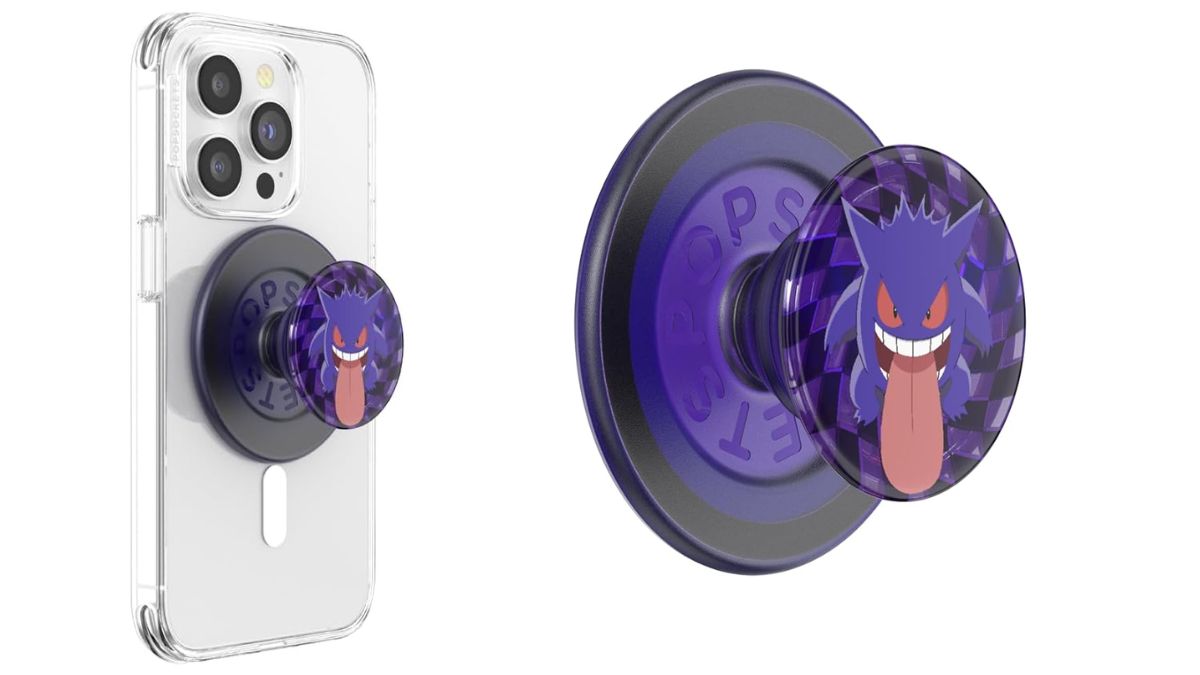 Image of a phone with a Gengar PopSocket attached, next to a larger image of the Gengar Popsocket