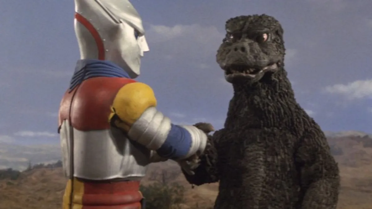 Jet Jaguar shakes hands with Godzilla