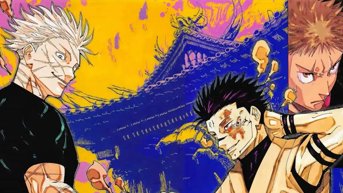 Gojo, Sukuna, and Yuji on the chapter cover for Jujutsu Kaisen in Weekly Shonen Jump