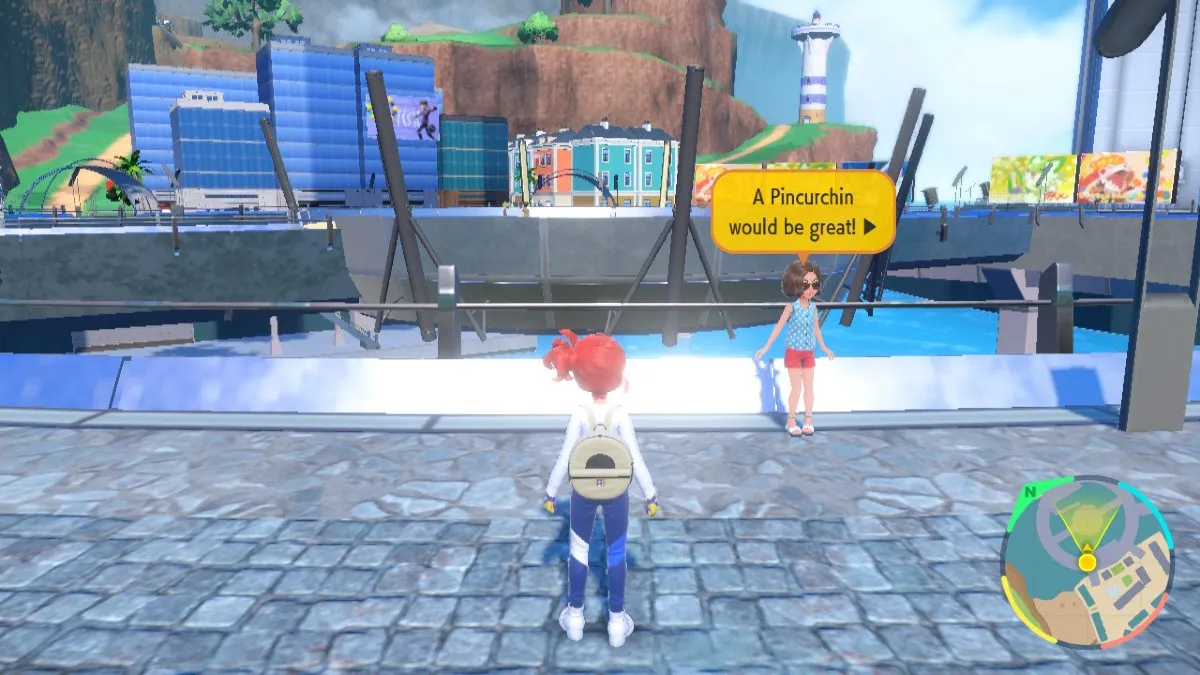 Screenshot from Pokemon Scarlet & Violet, shyowing the player character and an NPC with a yellow speech bubble