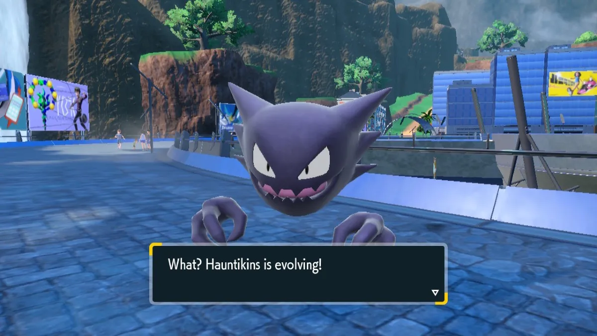 Captura de pantalla de Pokémon Scarlet & Violet que muestra un Haunter y el diálogo "Hauntikins está evolucionando"