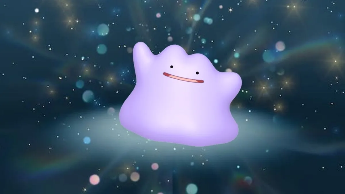 Image of a sparkly blue background with a giant Ditto in the middle