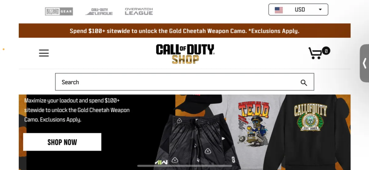 The Call of Duty Shop homepage. This image is part of an article about how to get the Gold Cheetah camo in MW3 and Warzone.