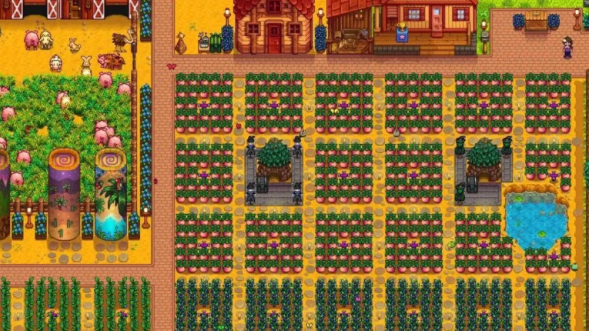 Screenshot of a farm in Stardew Valley with several square 5x5 plots with Iridium Sprinklers at the center
