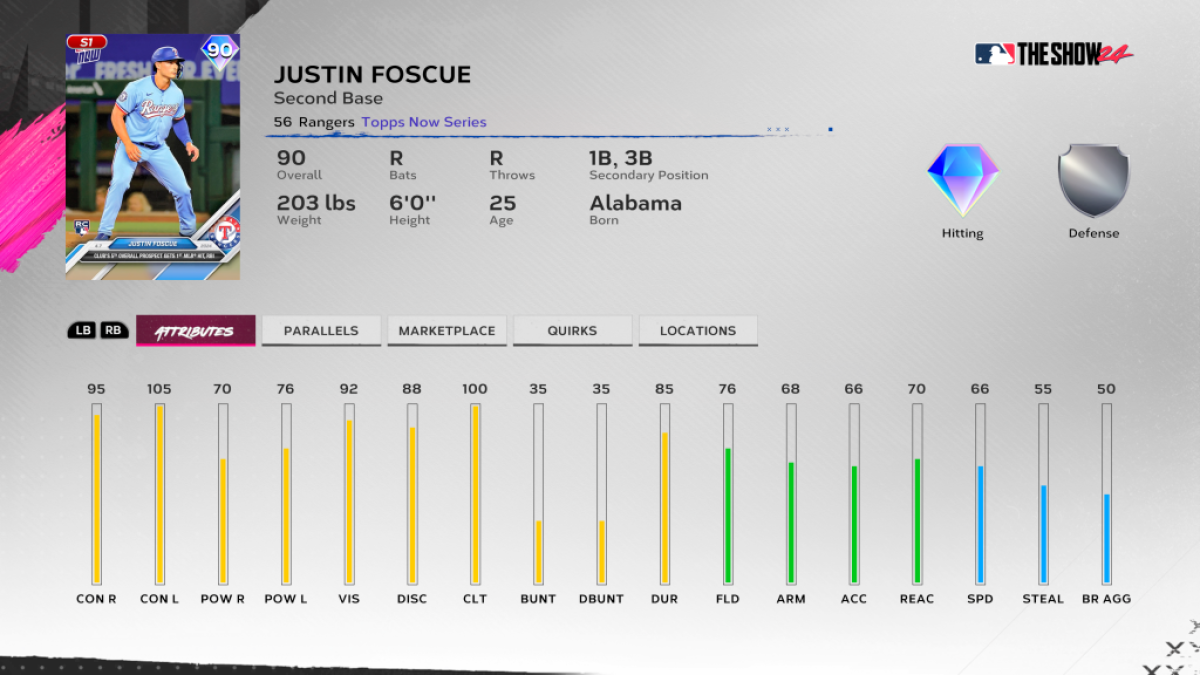 Justin Foscue Topps Now card in MLB The Show 24