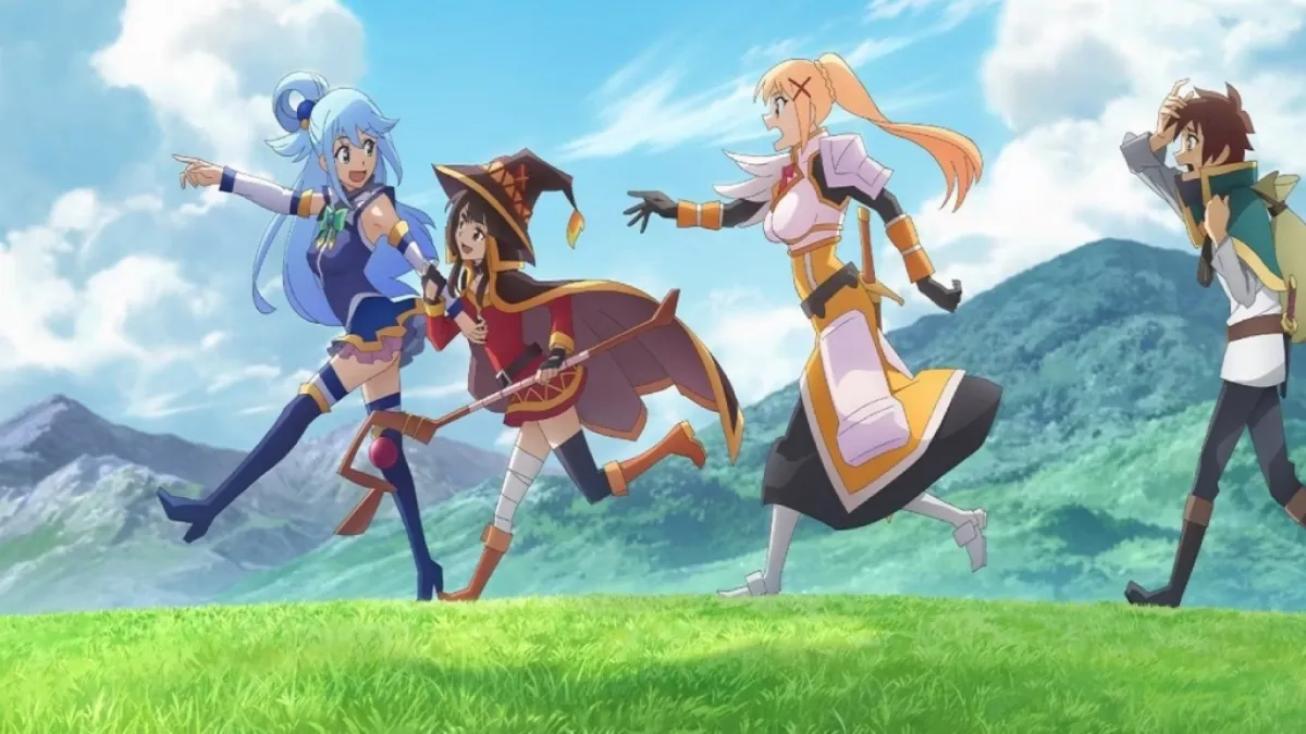 Characters running in KonoSuba Season 3. This image is part of an article about the confirmed release date for KonoSuba Season 3, Episode 3.