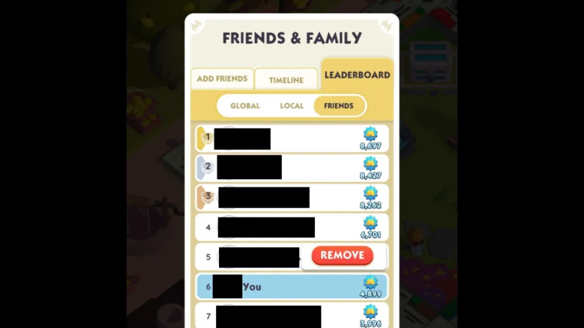 Leaderboard how to remove friends in Monopoly GO