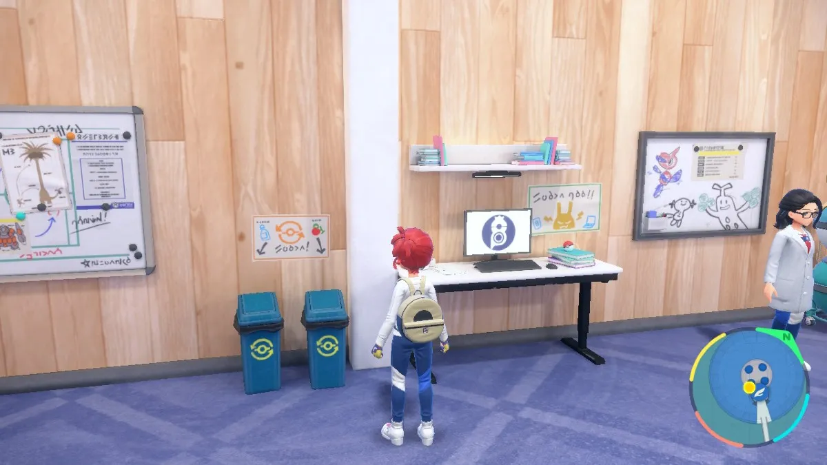 Screenshot from Pokemon Scarlet and Violet Indigo Disk, showing a player's avatar standing in front of the League Club room computer