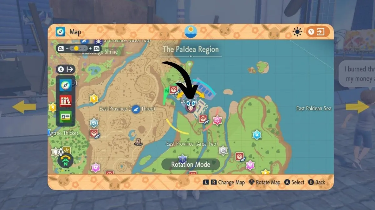 Screenshot of the game map from Pokemon Scarlet and Violet, with an arrow pointing to a spot in the city of Levincia