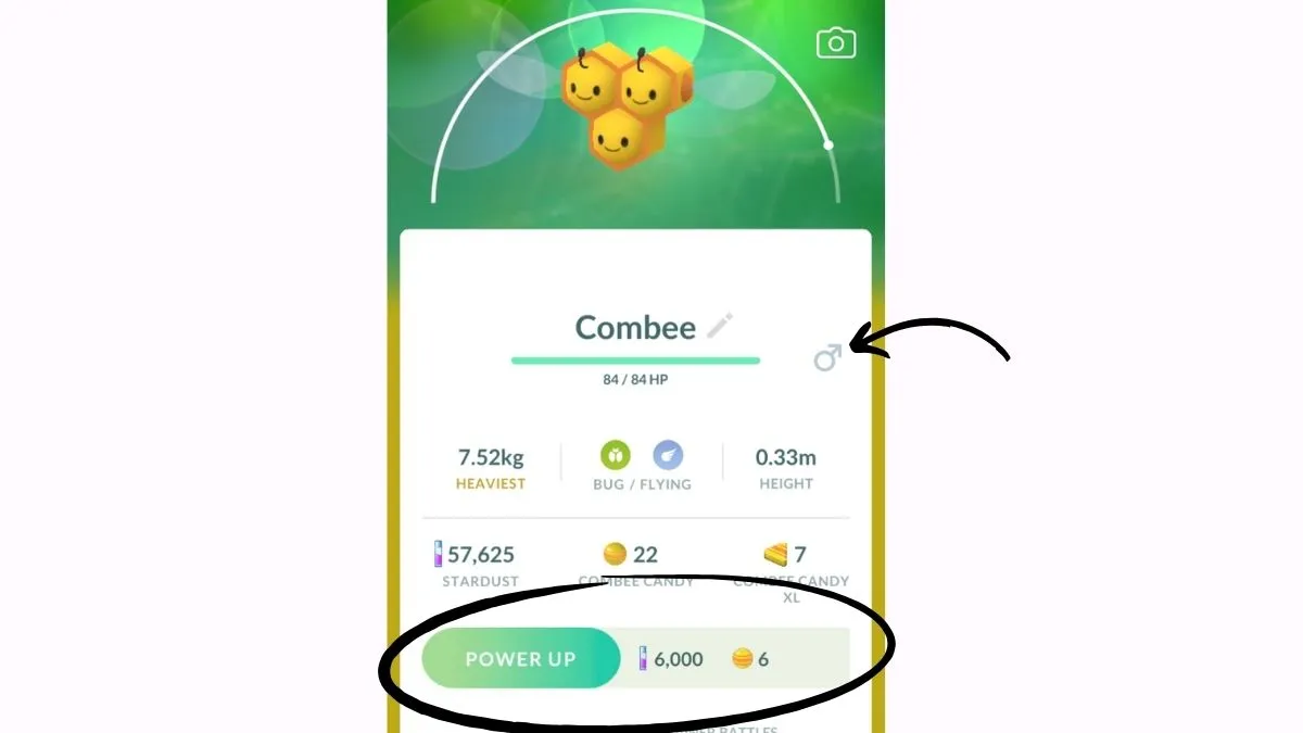 Screenshot of Pokemon GO, showing a Combee's info with an arrow pointing to the gender 