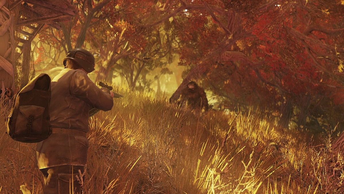 An image showing the player character facing a Mega Sloth in Fallout 76.