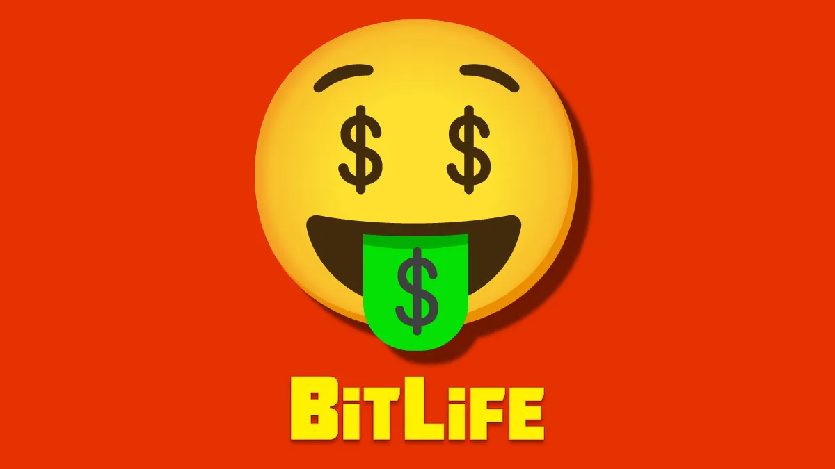 An emoji with Dollar Signs for eyes and a dollar sign on it's tongue on an orange background with the BitLife logo beneath it.