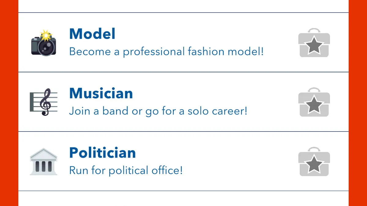 A listing of different jobs in BitLife, including the Musician profession. 