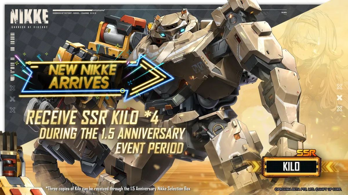 A banner for the Goddess of Victory: Nikke 1.5 Anniversary update showing a mech character called Kilo as part of all the new characters and rewards available.