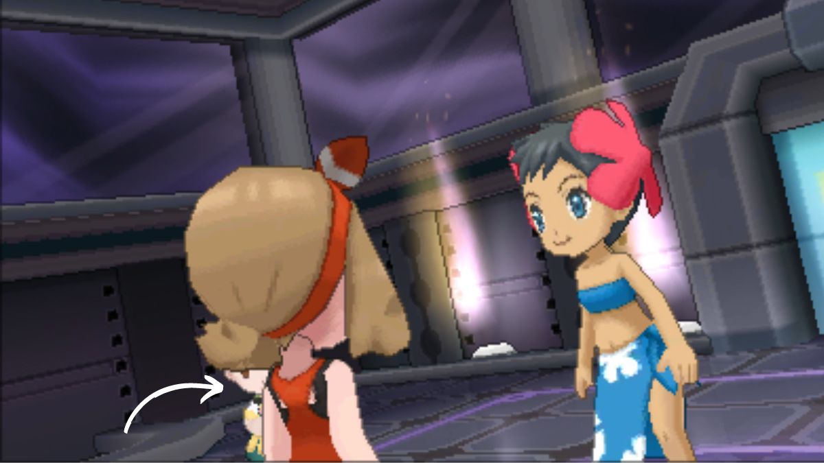 Screenshot from Pokemon Omega Ruby & Alpha Sapphire, showing a mysterious girl standing by the NPC