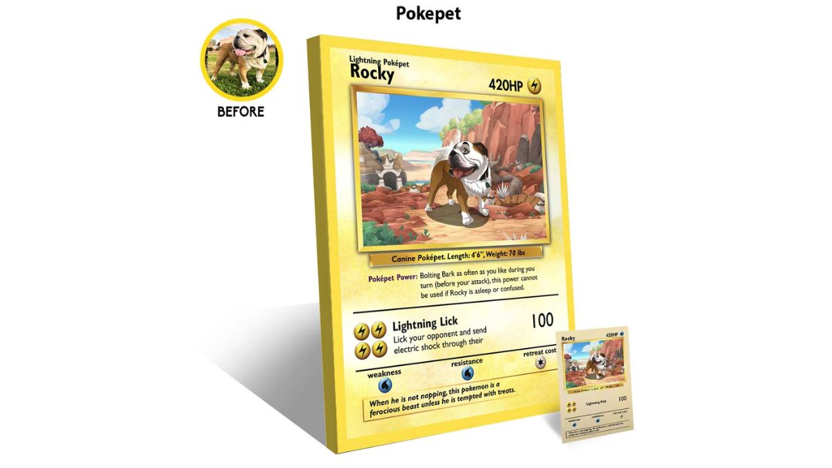 Foto de una tarjeta estilo Pokémon con la foto de un perro. 
