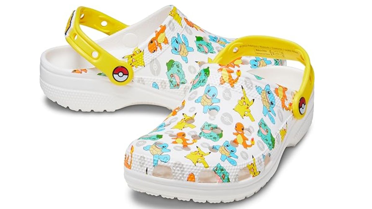 Photo of white Crocs shoes with a Pokemon pattern featuring the three Kanto starters