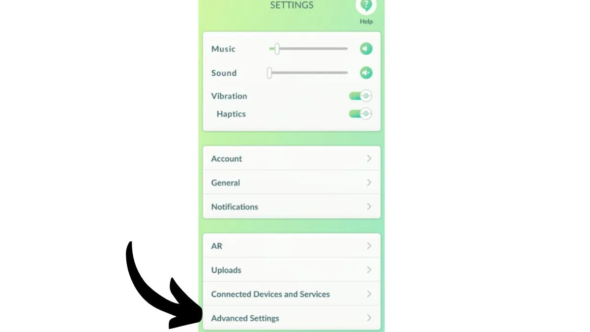 Screenshot of the Pokemon GO settings menu with an arrow pointing to the Advanced Settings section