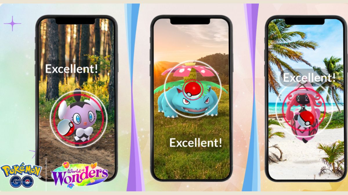 Image of three phones showing Excellent throws in Pokemon GO